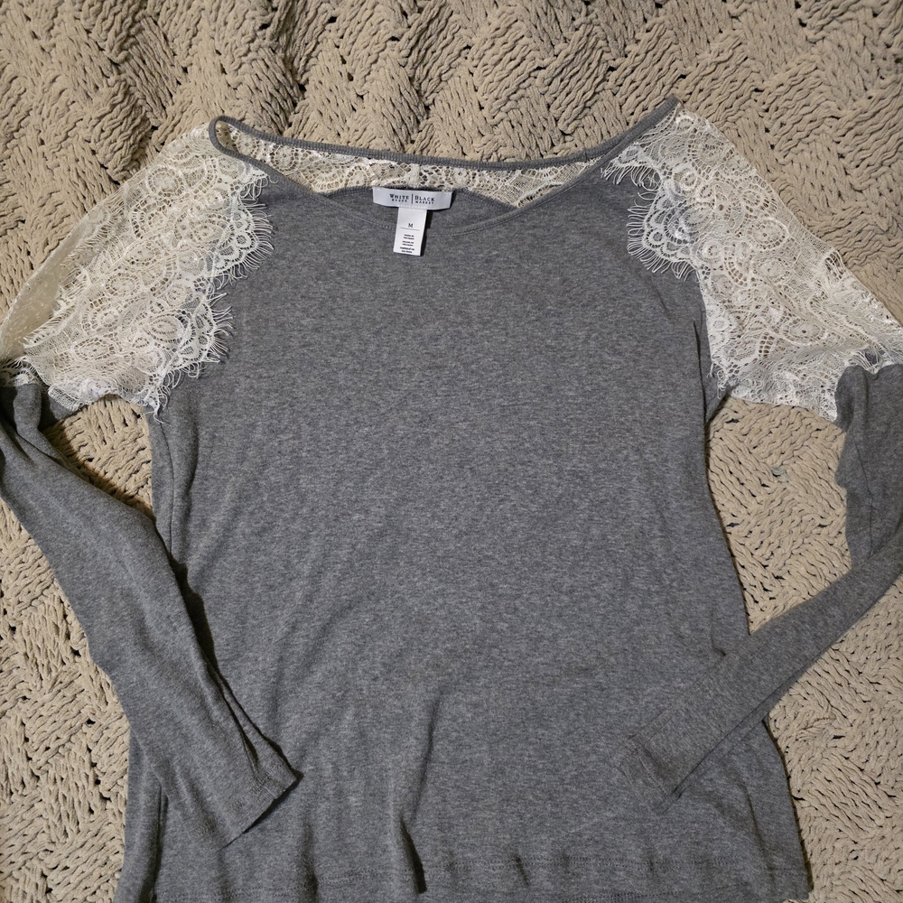 White House Black Market Gray Long Sleeve with Lace M Preppy